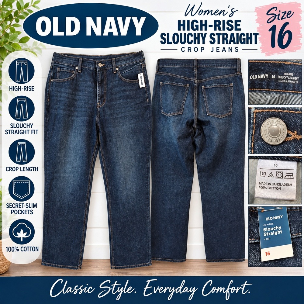 Old Navy Womens High-Rise Slouchy Straight Crop Jeans Dark Wash Size 16 NWT